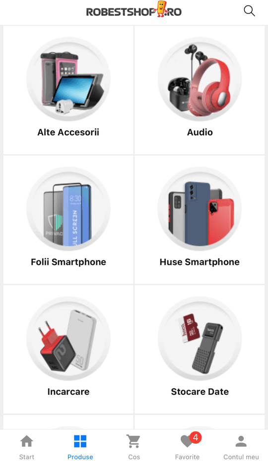 Lista de produse din aplicație, cu preț și disponibilitate pe fiecare rând.