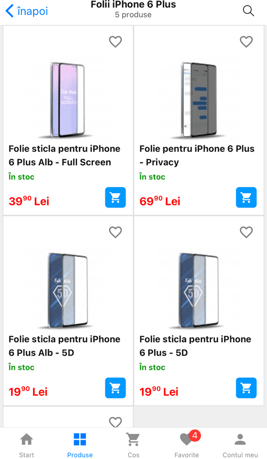 Pagina unui produs în aplicație, cu detalii și adăugare în coș.