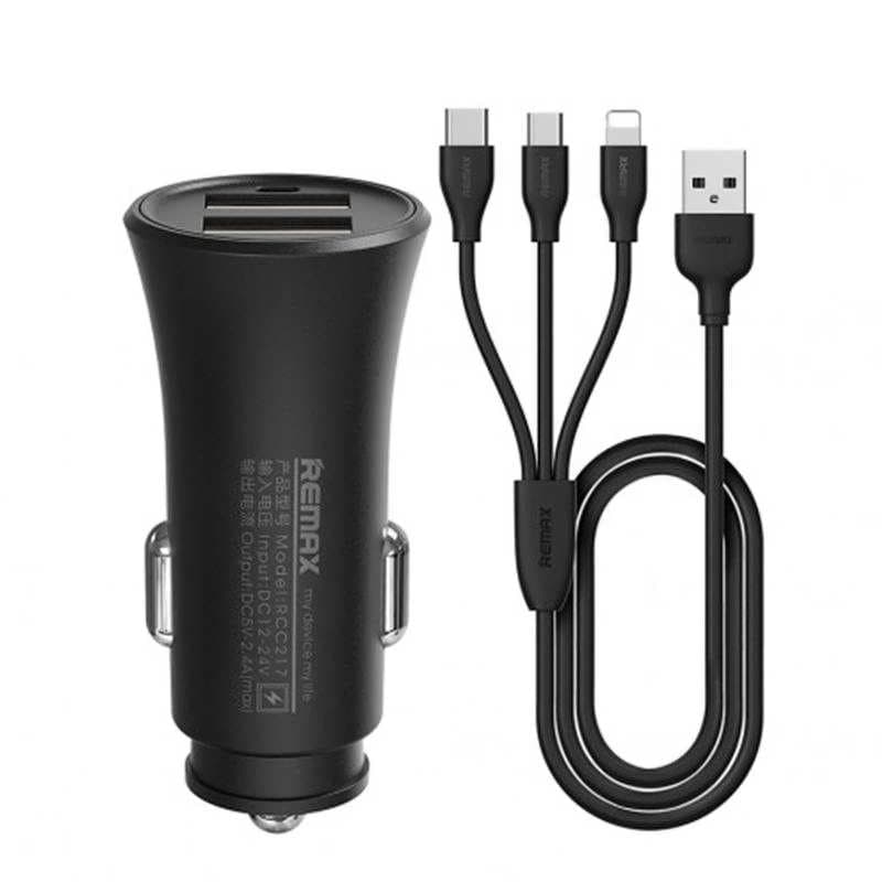 Incarcator auto dual USB Remax RCC-217 2.4A cu cablu 3-in-1